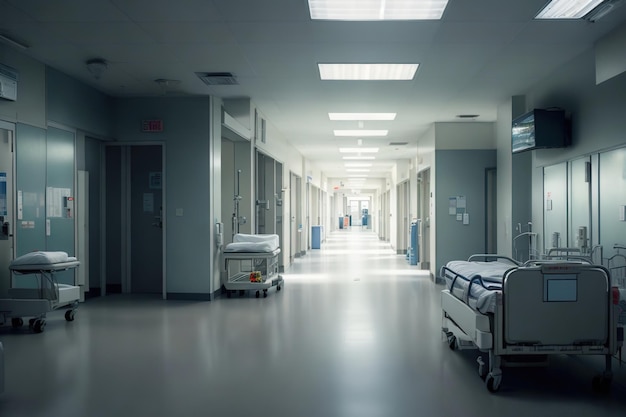 A hospital hallway with a bed and a sign that says exit.