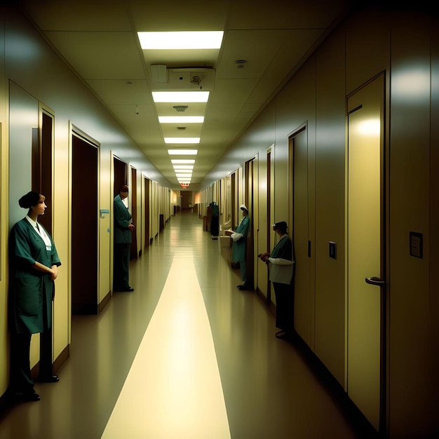 Hospital Hallway with Doctor and Nurses in Front of The Doors