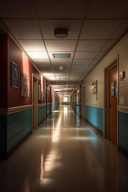 Hospital hallway with focus on the emergency sign created with generative ai