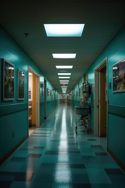Hospital hallway with illuminated signs created with generative ai