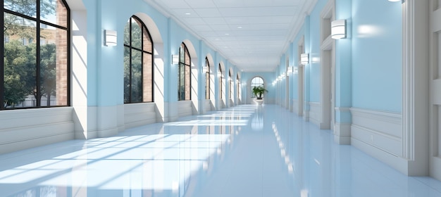 Hospital hallway with reception desk in clinicUnfocused background in blue and white tones