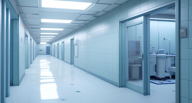 Hospital Hallway with White and Blue Walls