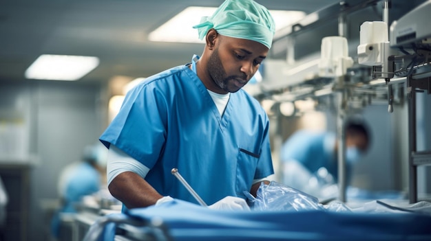 Hospital janitor cleans surgical table medical backdrop busy healthcare setting