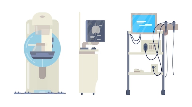 Foto set di apparecchiature mediche ospedaliere dispositivi medici sistema sanitario e monitoraggio installazione di apparecchi fgs mammografo digitale scanner a ultrasuoni cartone animato vettoriale.