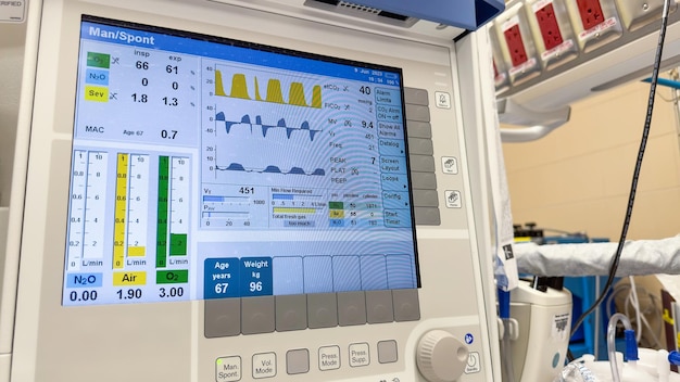 A hospital monitor displaying vital signs heart rate pulse ox temperature blood pressure Symbo