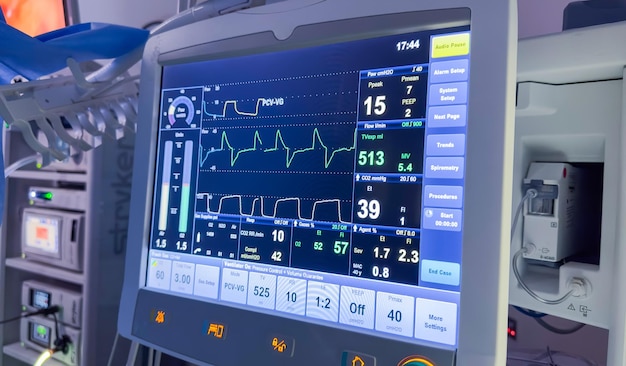 A hospital monitor displaying vital signs heart rate pulse ox temperature blood pressure Symbo
