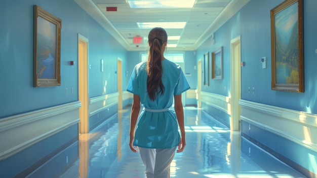 Больничная медсестра идет по яркому коридору