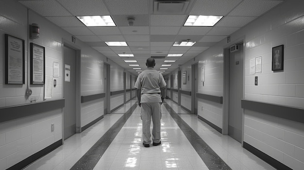 Hospital Orderly Walking Down Sterile Corridor on Duty