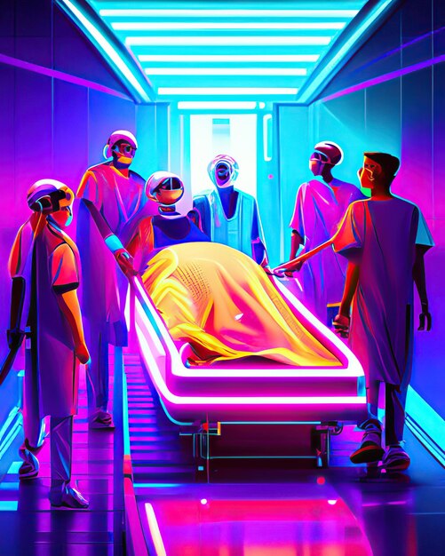 Больничный человек на носилках и врачи в больничной комнате