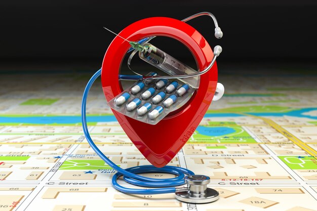 Hospital or pharmacy location and direction concept Pin or map point with pills stethoscope and jerring on the map of the city