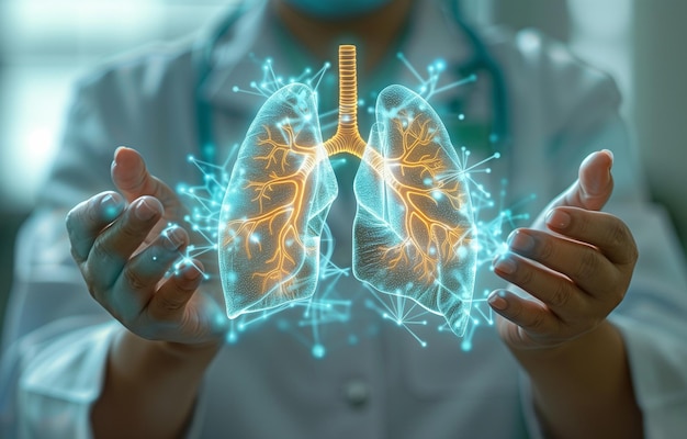 A hospital physician holding his lungs in his hands