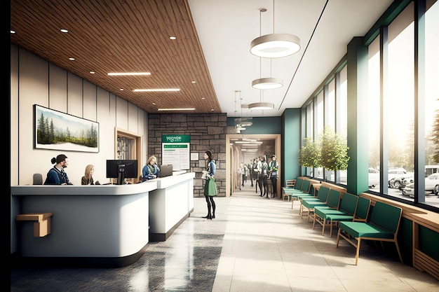 Hospital reception from inside of building with waiting area and information desk