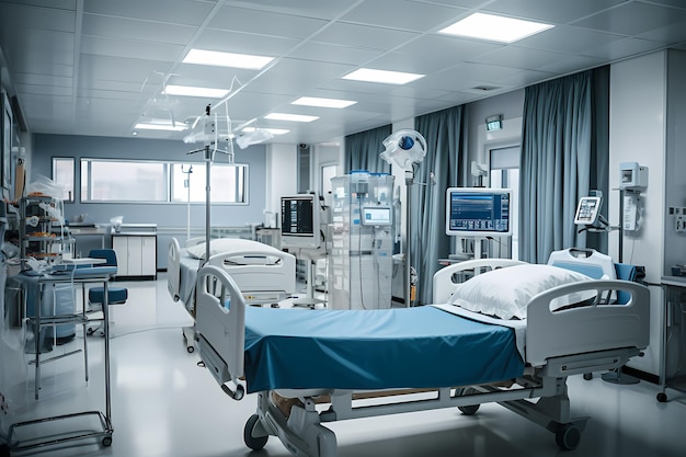 Hospital room equipped with medical beds monitoring equipment and essential supplies