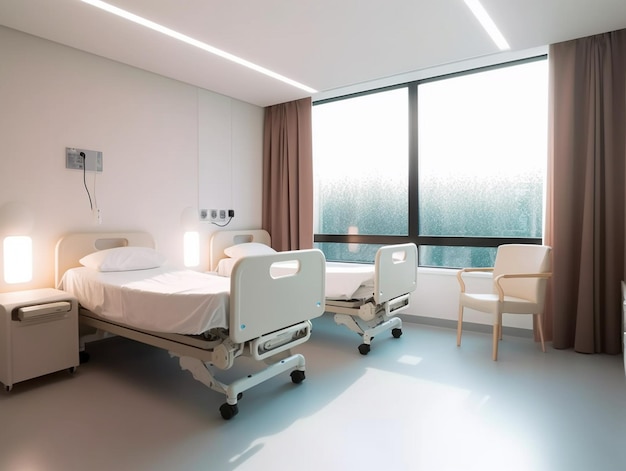 A hospital room with a bed and a chair