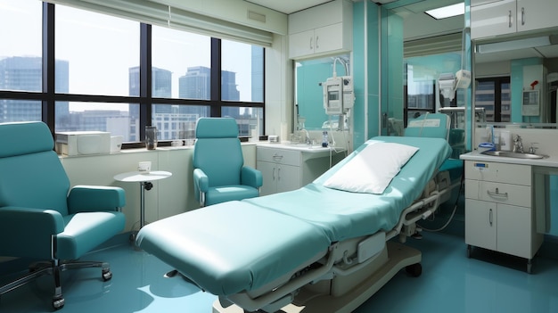 Больничная комната с кроватью и стульями