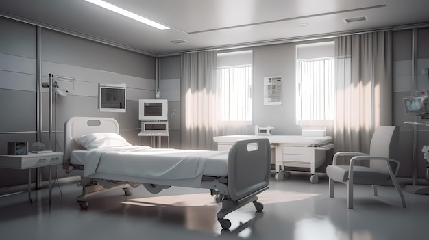 침대가 있는 병실과 현대식 병원의 편안한 의료시설 Generative AI