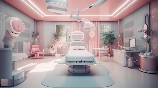 A hospital room with a bed and a lamp