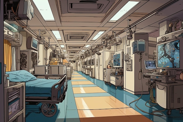 A hospital room with a bed and a monitor on the floor.