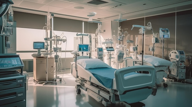 A hospital room with a bed and a monitor that says'hospital '