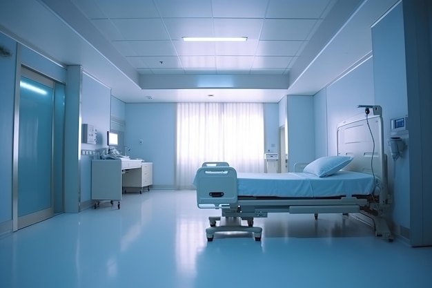 A hospital room with a bed and a monitor on the wall