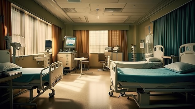 A hospital room with a bed and a monitor on the wall