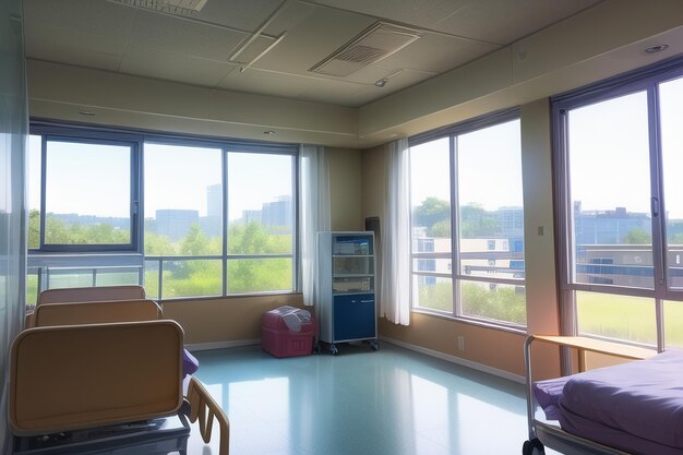 Foto una stanza d'ospedale con un letto e un tavolo con sopra una coperta