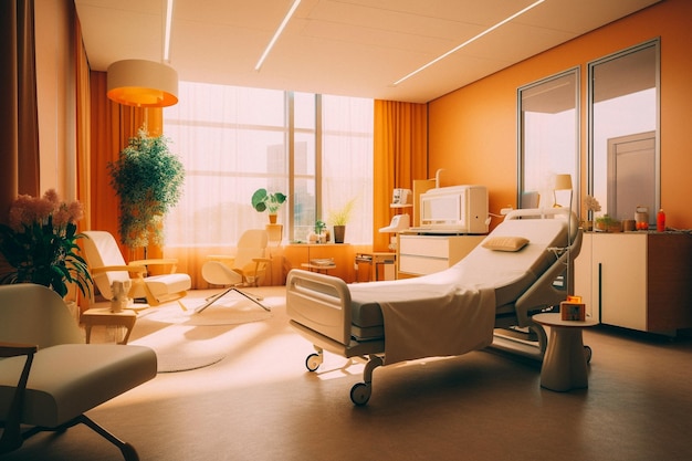 A hospital room with a bed and a table with a chair and a lamp.