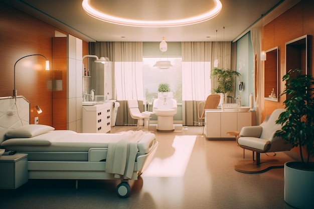 A hospital room with a bed and a table with a lamp on it.