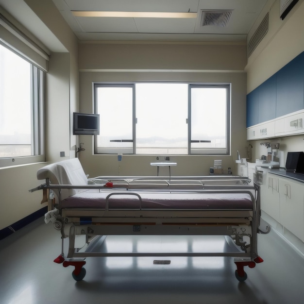 A hospital room with a bed and a table with a sign that says " hospital ".