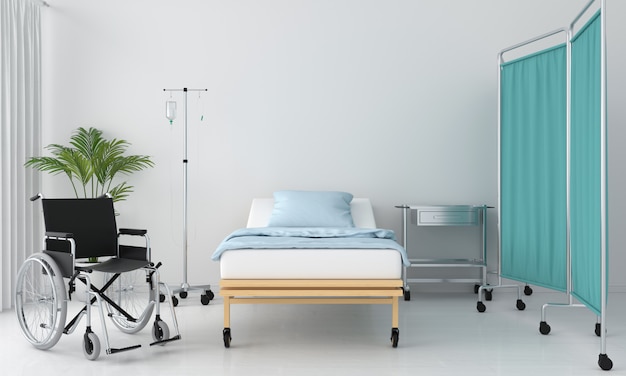 Hospital room with bed and table