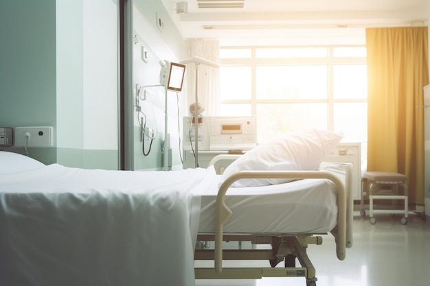 ベッドと「病院」と書かれた窓のある病室