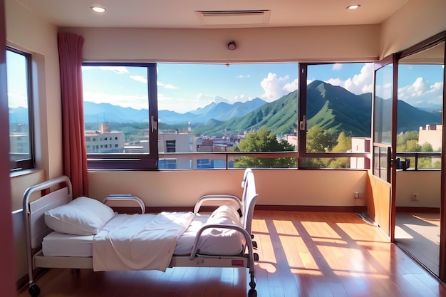 A hospital room with a bed and a window that says'a view of the mountains '