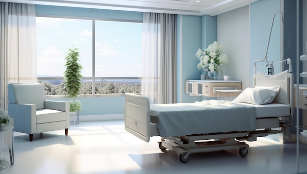 a hospital room with a bed and a window with a view of the ocean.