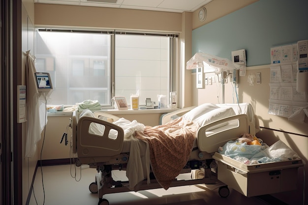 A hospital room with a bed and a window