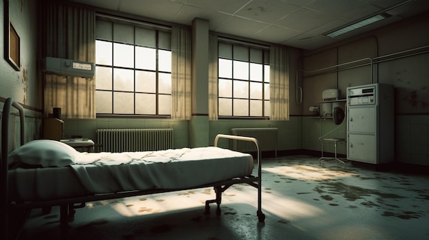 Больничная палата с кроватью и окном