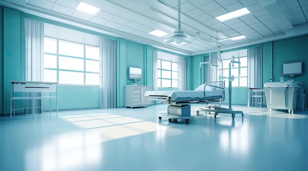 A hospital room with a bed and a window