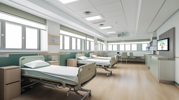 A hospital room with a bed and a window