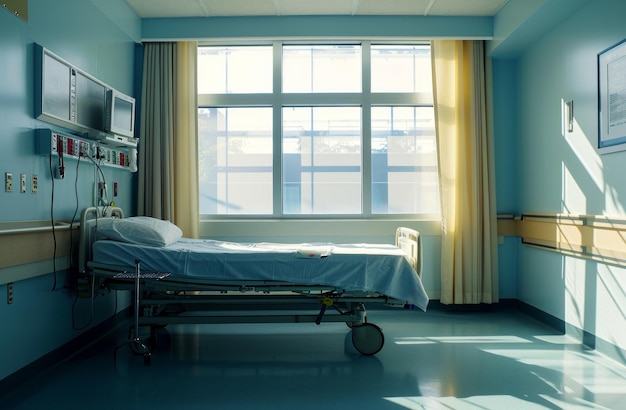 a hospital room with a bed and windows