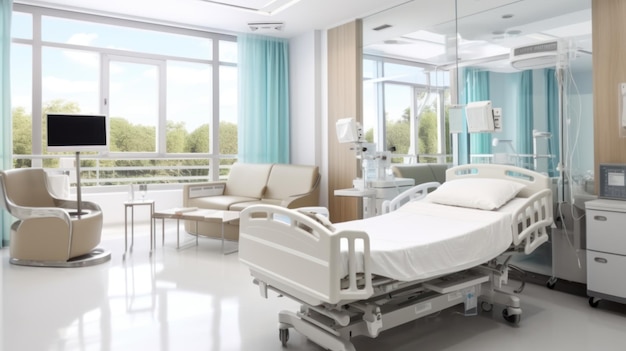 현대적인 병원에서 침대와 편안한 의료 장비를 갖춘 병실