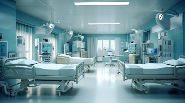 현대 병원에 침대와 편안한 의료 시설을 갖춘 병실
