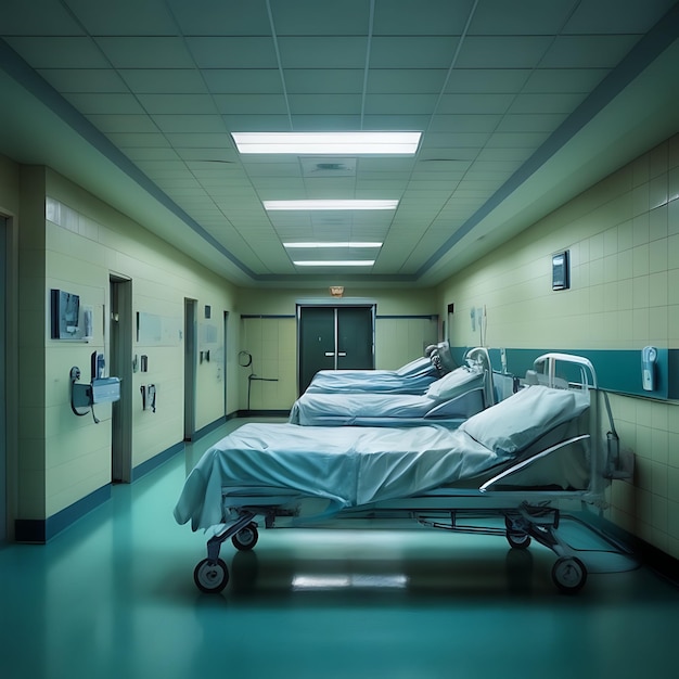 a hospital room with beds and a hospital sign on the wall