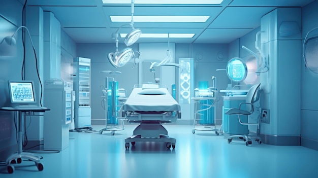 Больничная палата с синим фоном и больничная койка с большим монитором на ней