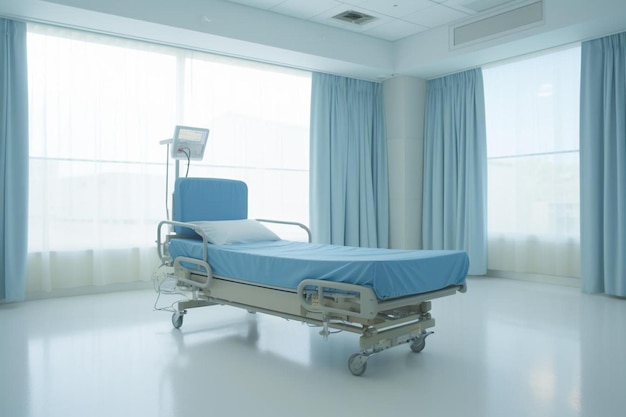 a hospital room with a blue bed and a blue curtain.