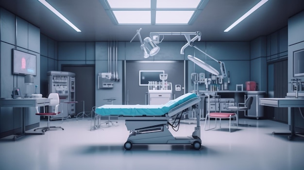 A hospital room with a blue bed and a lamp