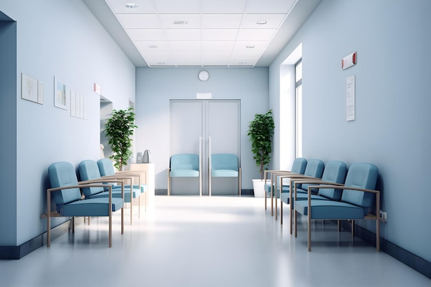 A hospital room with blue chairs and a blue wall with a clock on it.