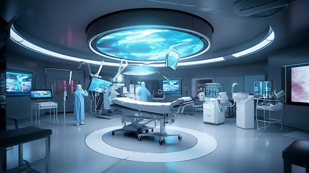 A hospital room with a blue light and a doctor in a white suit.