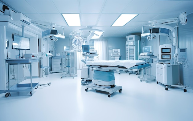 A hospital room with a blue and white hospital bed and a blue and white sign