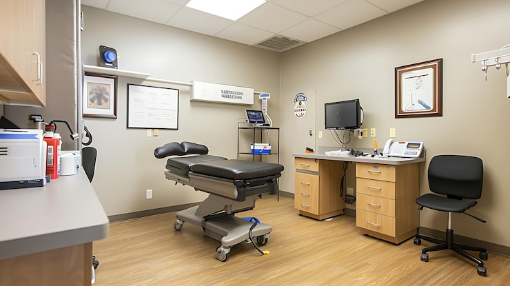 Photo a hospital room with a desk and a monitor on it