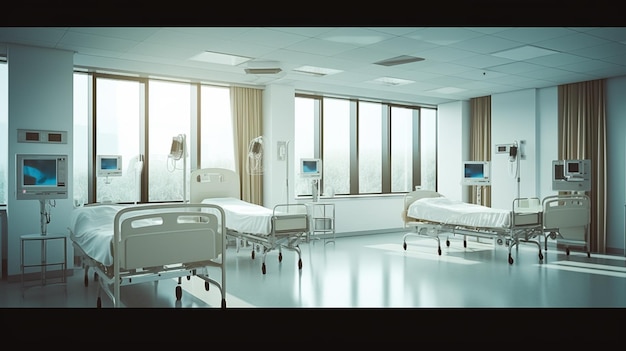 A hospital room with a glass wall and a sign that says'hospital '