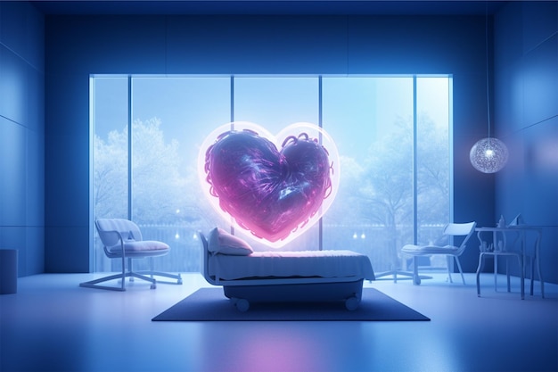 A hospital room with a heart shaped window and a blue light